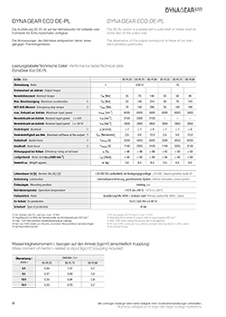 DynaGear Economy Baureihe DE PL Leistungstabellen und Abmessungen